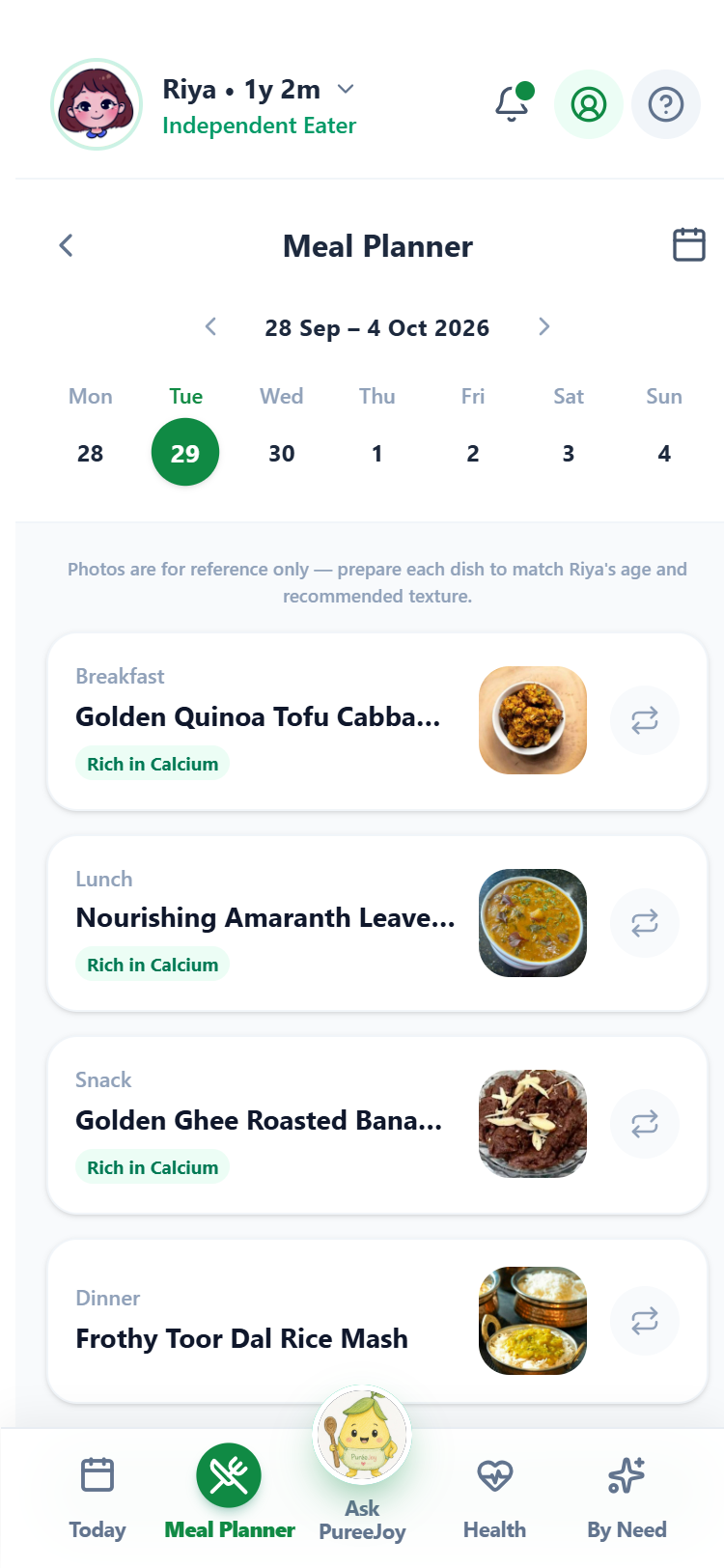 PüréeJoy Meal Planner screen — real app screenshot