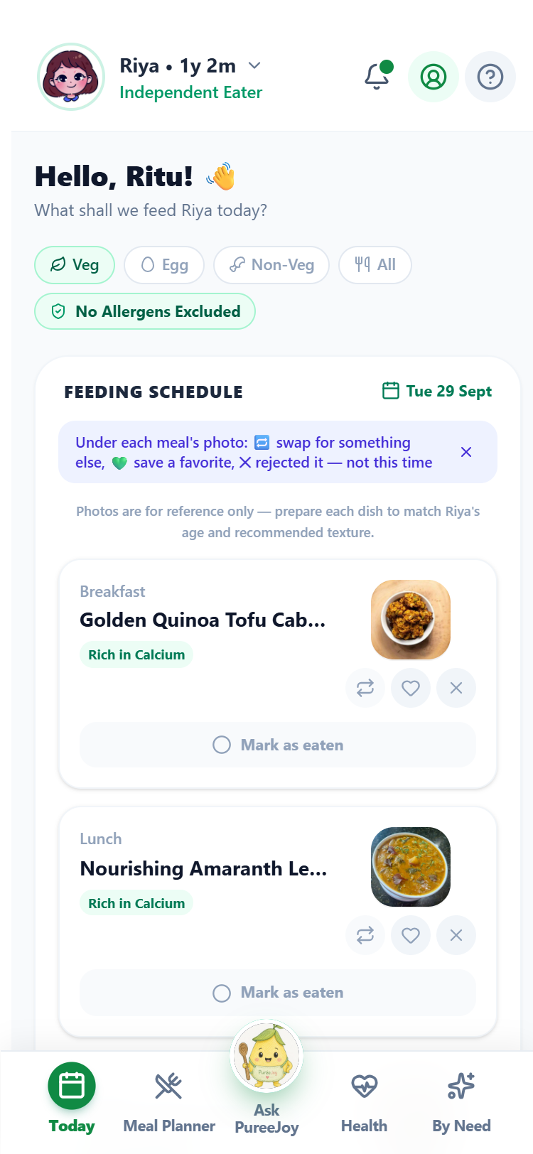PüréeJoy Today screen — real app screenshot